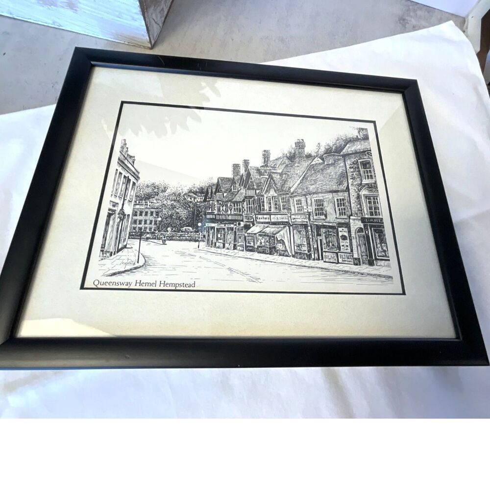 Queensway Hemel Hemstead Street scene pen drawing vintage matted and framed